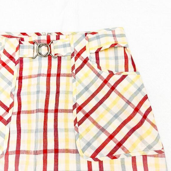DKNY Madras Plaid Patterned Linen Skirt Front Pockets Size 2 - Picture 3 of 5